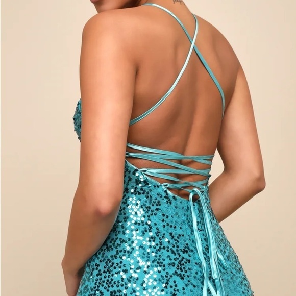 Glowing Praise Teal Blue Sequin Lace-Up Maxi Dress - Picture 5 of 12